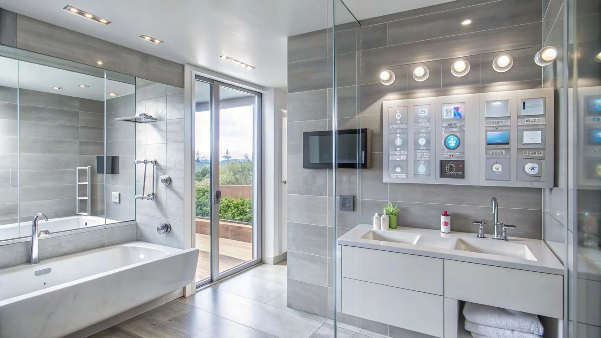 Modern luxury bathroom with glass shower, bathtub, and double sink vanity in a bright gray interior