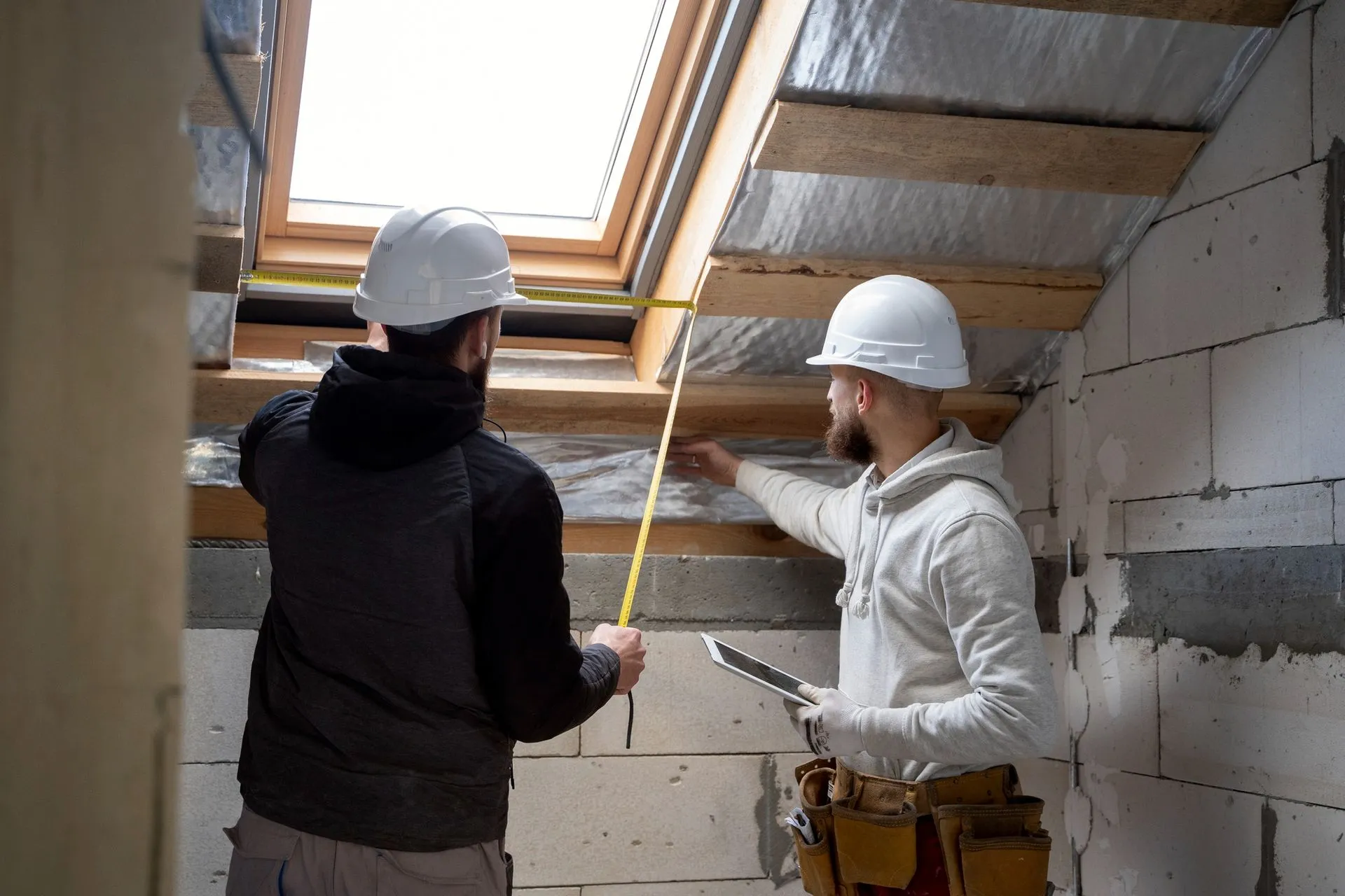 Two workers in hard hats measuring attic insulation near a skylight