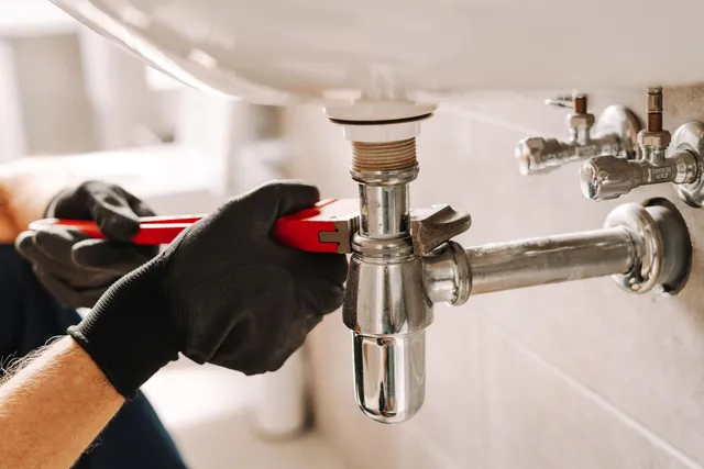 Gloved hands using a wrench to tighten a chrome sink drain pipe under a bathroom sink
